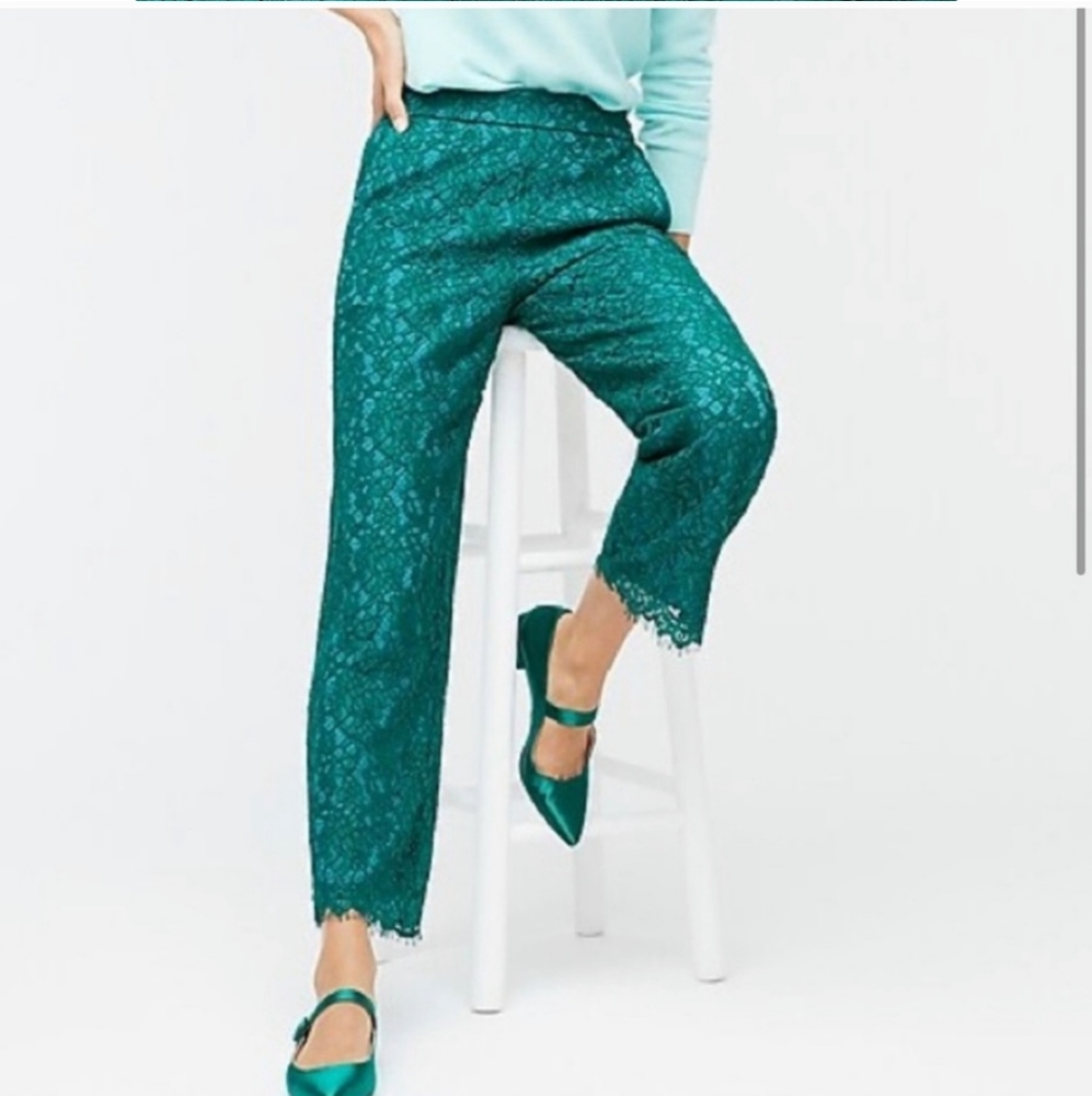 J Crew Lace Cropped Pants in Emerald